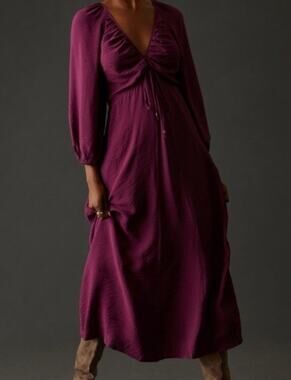Anthropologie MAEVE Deep-V Neck Ruched Midi Dress- size 2